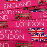 Geweven deco band London England 16mm Roze - motief herhaalt elke 27cm