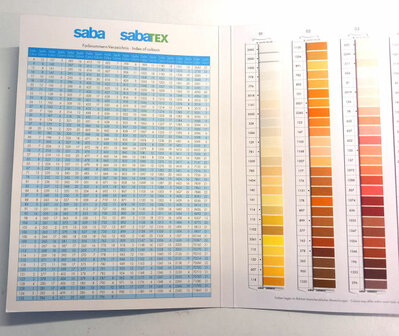 Kleurkaart/ Stalenkaart van Saba en Sabatex universeel naaigaren en zacht overlockgaren van Amann Group Mettler