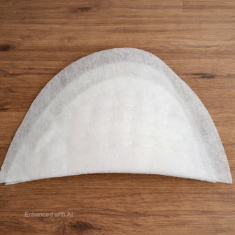 Witte vilten schoudervulling in halve‑maanvorm op houten tafel, bovenaanzicht met zichtbare lagen &mdash; White felt ha