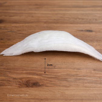 Witte vilten schoudervulling in halve‑maanvorm met zichtbare dikte op houten tafel &mdash; White felt half‑moon 