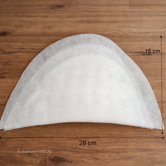 Witte vilten schoudervulling in bovenaanzicht met afmetingen 15&times;28&times;2 cm op houten tafel &mdash; White felt shoul