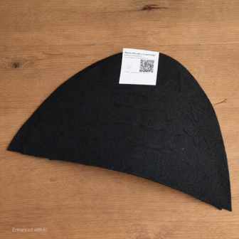 Zwarte vilten schoudervulling in halve‑maanvorm met productkaart op houten tafel &mdash; Black felt half‑moon sh