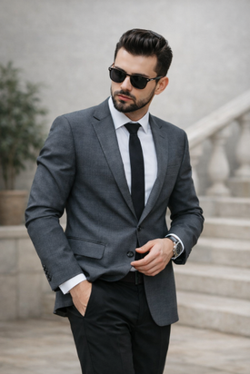 Man in donker kostuum als voorbeeld van professionele taillebandafwerking &ndash; man in dark suit showing tailored waist
