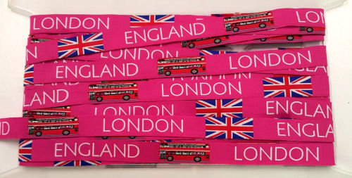 Geweven deco band London England 16mm Roze - motief herhaalt elke 27cm