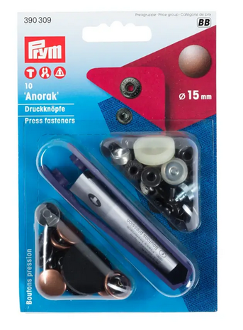 Anorak drukkers van PRYM 15mm doorsnee antiekkleurig pakje 10 stuks