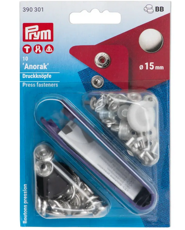 Anorak drukkers van PRYM 15mm doorsnee zilverkleurig pakje 10 stuks