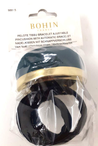 Professioneel speldenkussen voor op de arm met kliksluiting BOHIN - Groen kussen, gouden rand en zwarte polsband