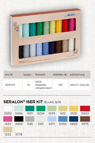Garen KIT Seralon universeel naaigaren 200m met 18 kleuren/klossen assorti