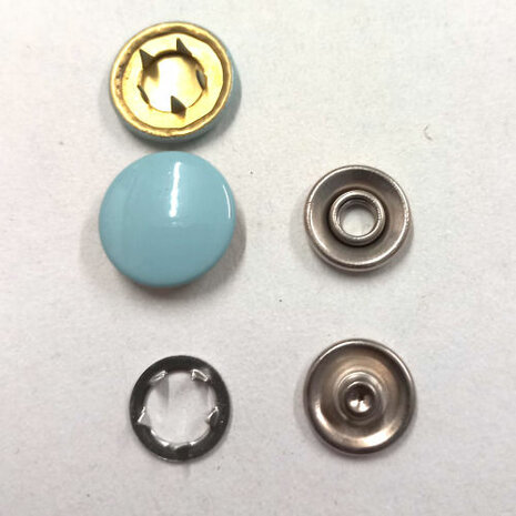 Press stud 15mm no-sew and coloured: LIGHT BLUE - for thin fabrics and jersey - bag 10 poppers with punch    