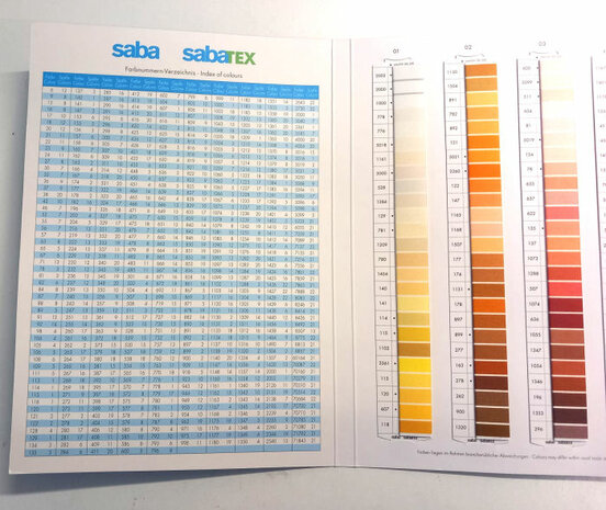 Kleurkaart/ Stalenkaart van Saba en Sabatex universeel naaigaren en zacht overlockgaren van Amann Group Mettler