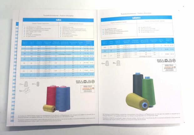 Kleurkaart/ Stalenkaart van Saba en Sabatex universeel naaigaren en zacht overlockgaren van Amann Group Mettler