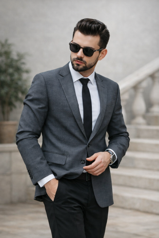 Man in donker kostuum als voorbeeld van professionele taillebandafwerking &ndash; man in dark suit showing tailored waist