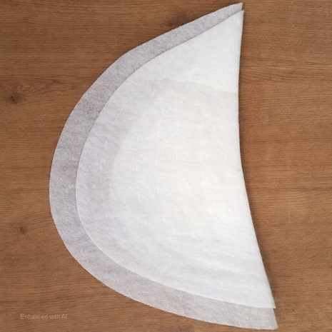 Drie lagen witte vilten schoudervulling in halve‑maanvorm op houten tafel &mdash; Three layered white felt half‑