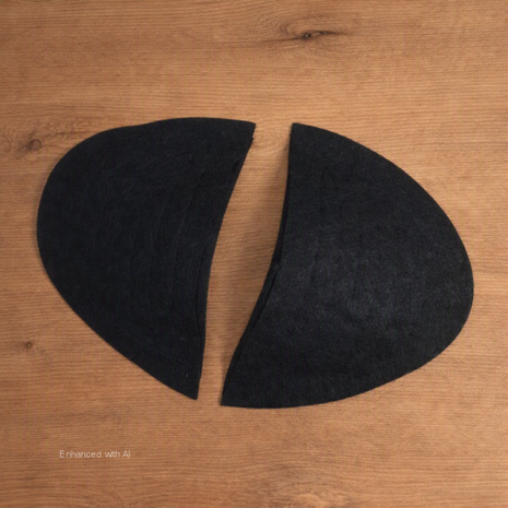 Twee zwarte vilten schoudervullingen in halve‑maanvorm op houten tafel &mdash; Two black felt half‑moon shoulder