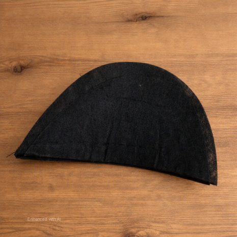 Zwarte vilten schoudervulling in halve‑maanvorm, onderzijde zichtbaar op houten tafel &mdash; Black felt half‑mo